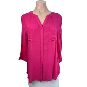 Chico's Blouse Sz 1/M Rose Pink 3/4 Sleeve Covered Buttons Asym Hem 100% Rayon